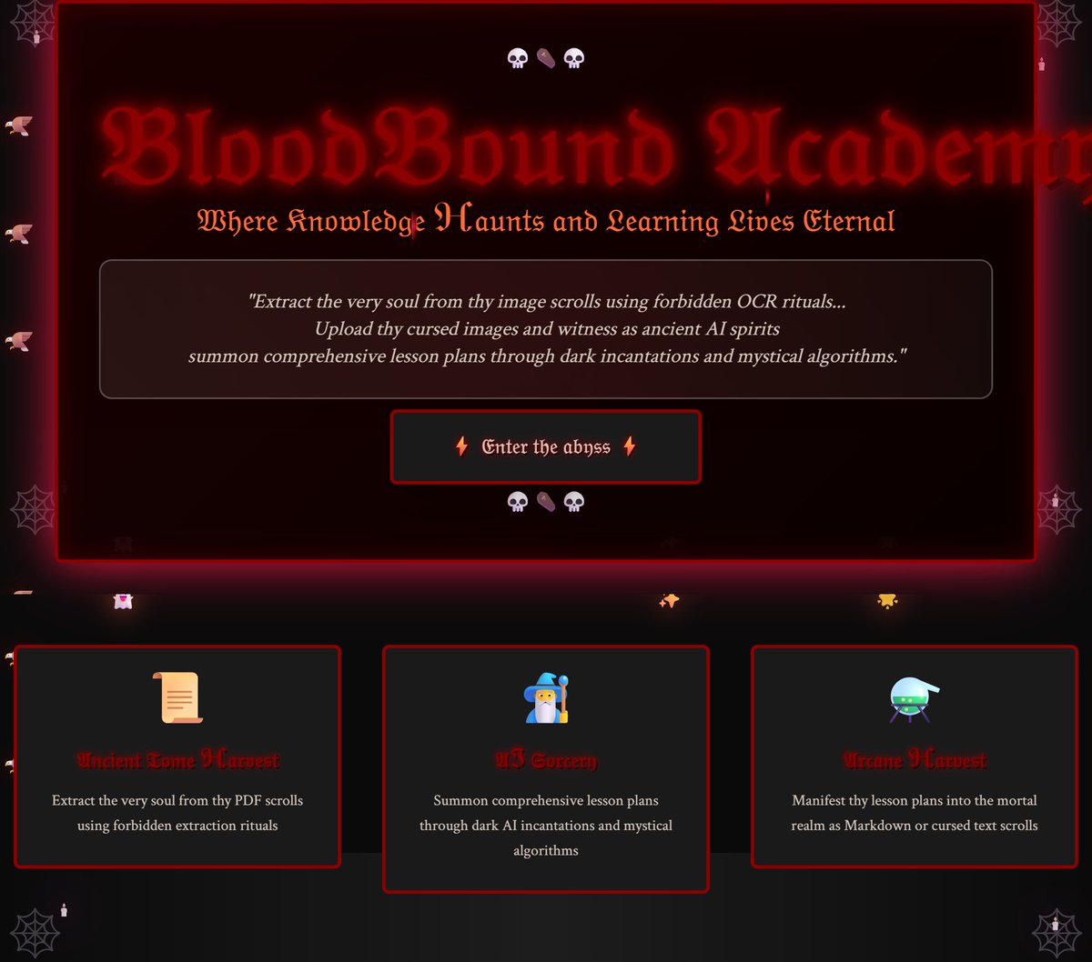 TechDsa's tweet image. 🧛‍♂️ Kiro just helped me build something WICKED for #Kiroween!
My BloodBound Academy transforms syllabus into study aids with retro, spooky, halloween vibes. From &quot;upload syllabus&quot; to &quot;ancient scroll viewer&quot; - Kiro made the impossible feel effortless
⚡@kirodotdev #hookedonkiro