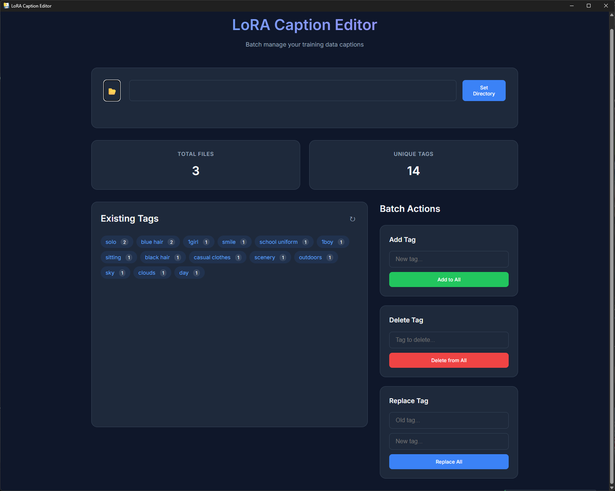 Google AntigravityでLoRA作成時のキャプションを編集するLoRA Caption Editorというツールを作ってみた。
追加、削除、置換のみのシンプルで軽いものです。依存関係などでちゃんとしたツールを起動するのがめんどくさい時なんかに使えるかと。
eroigame.net/archives/2929