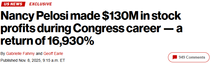 Members of Congress - Republican and Democrats - receive information that can move stock prices well in advance of the Americans they serve. They should not be allowed to trade individual stocks. This shouldn’t be hard to ban, but neither party will do it.  So offensive to the
