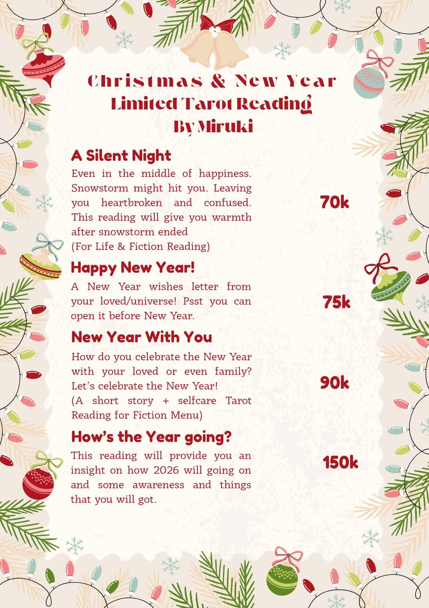 [RT &amp; ❤️ are appreciated! ]

[ Christmas &amp; New Year Tarot Reading🎄🎆]

It's timeeeeeeeeee~~~~ Untuk menyambut Natal, Yule dan Tahun Baru kali ini. Miru menambah menu lagi khusus Natal dan Tahun Baru ini. Prepare a gifts for yourself or to start your new year! 

⬇️ TnC &amp; Sample