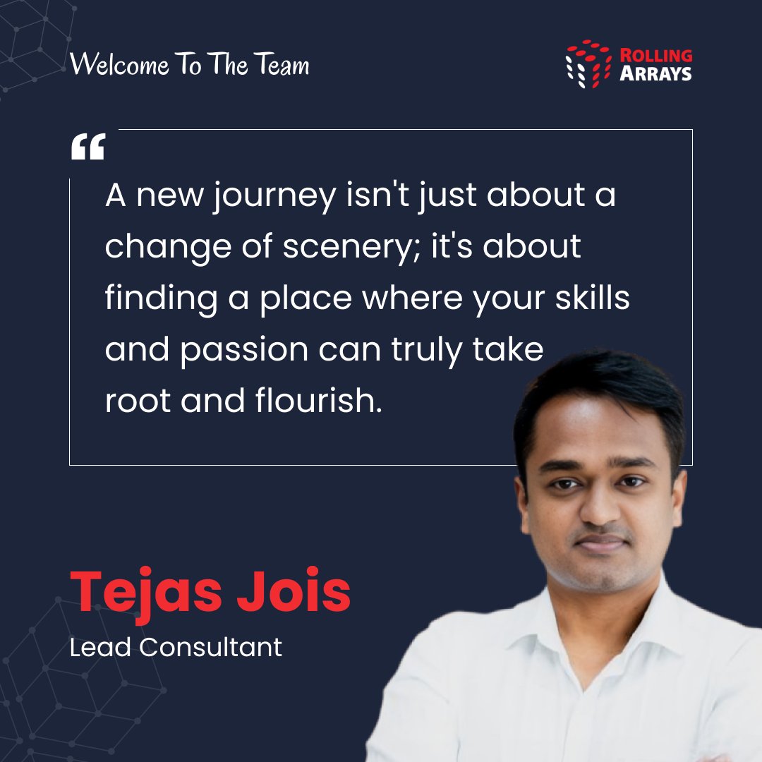 RollingArrays's tweet image. A warm welcome to our newest member, Tejas Jois, to #TeamRA!

Here’s to a journey filled with growth, collaboration, and meaningful impact. 

Glad to have you with us, Tejas!

#WelcomeAboard #NewBeginnings #CareerGrowth #NewBeginnings #LifeAtRA #RollingArrays