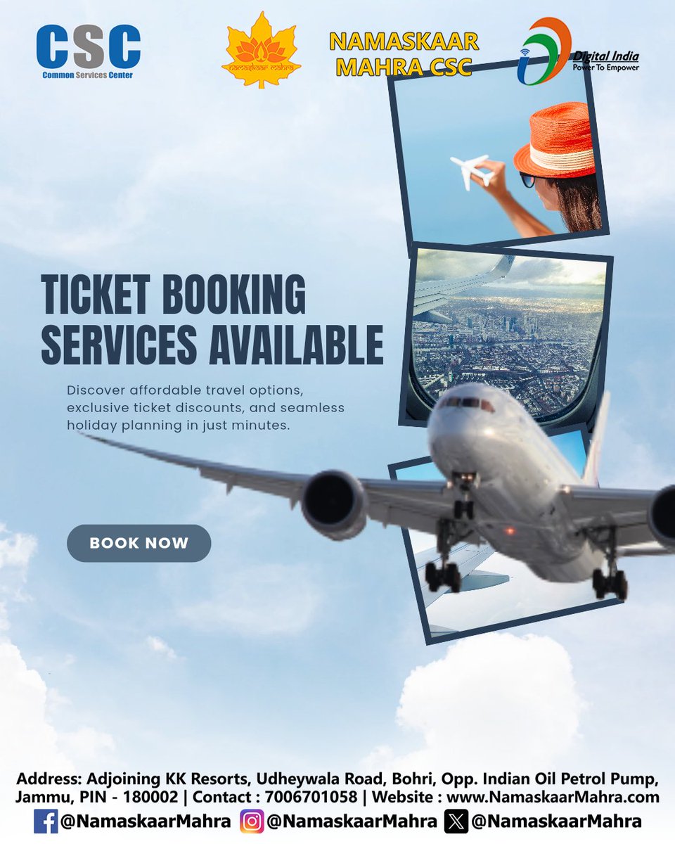 NamaskaarMahra's tweet image. Ticket Booking Services Available 

Namaskaar Mahra CSC
Contact : 7006701058
namaskaarmahra.com
Address: Adjoining KK Resorts, Udheywala Road, Bohri,
Opp. Indian Oil Petrol Pump, Jammu, 180002

#NamaskaarMahra #CSC #CSCJammu  #TataCroma #Croma #tata