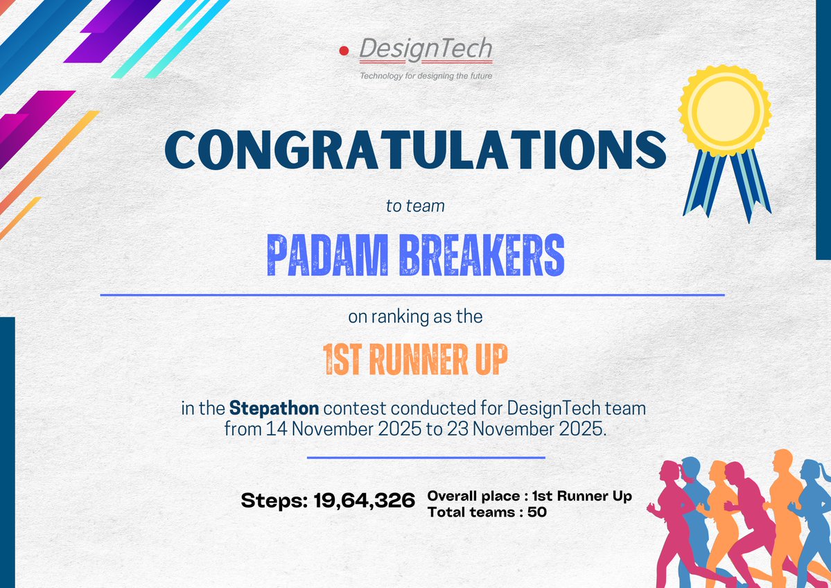 DesignTechSys's tweet image. DesignTech Stepathon 2025 brought 200+ participants together for a fun, energetic step challenge—congrats to all the winners!

#DesignTech #Stepathon2025 #FitnessFun #StayActive #WorkplaceWellness #KeepWalking #Takealeap