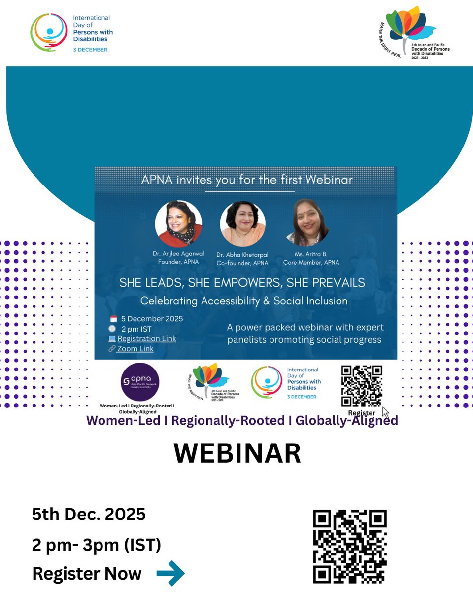 She Leads. She Empowers. She Prevails.
APNA is bringing you its first-ever webinar on 5th December, and the powerhouse women behind this event are gearing up to make it unforgettable!
#idpd #accessforall <a href="/UNESCAP/">United Nations ESCAP</a> <a href="/unwomenindia/">UN Women India</a> <a href="/samarthyam/">Samarthyam, Centre for Universal Accessibility</a> <a href="/Khetarpalabha/">Dr. Abha Khetarpal</a> <a href="/access_anjlee/">Dr. Anjlee Agarwal</a> <a href="/WHOSEARO/">World Health Organization South-East Asia</a>