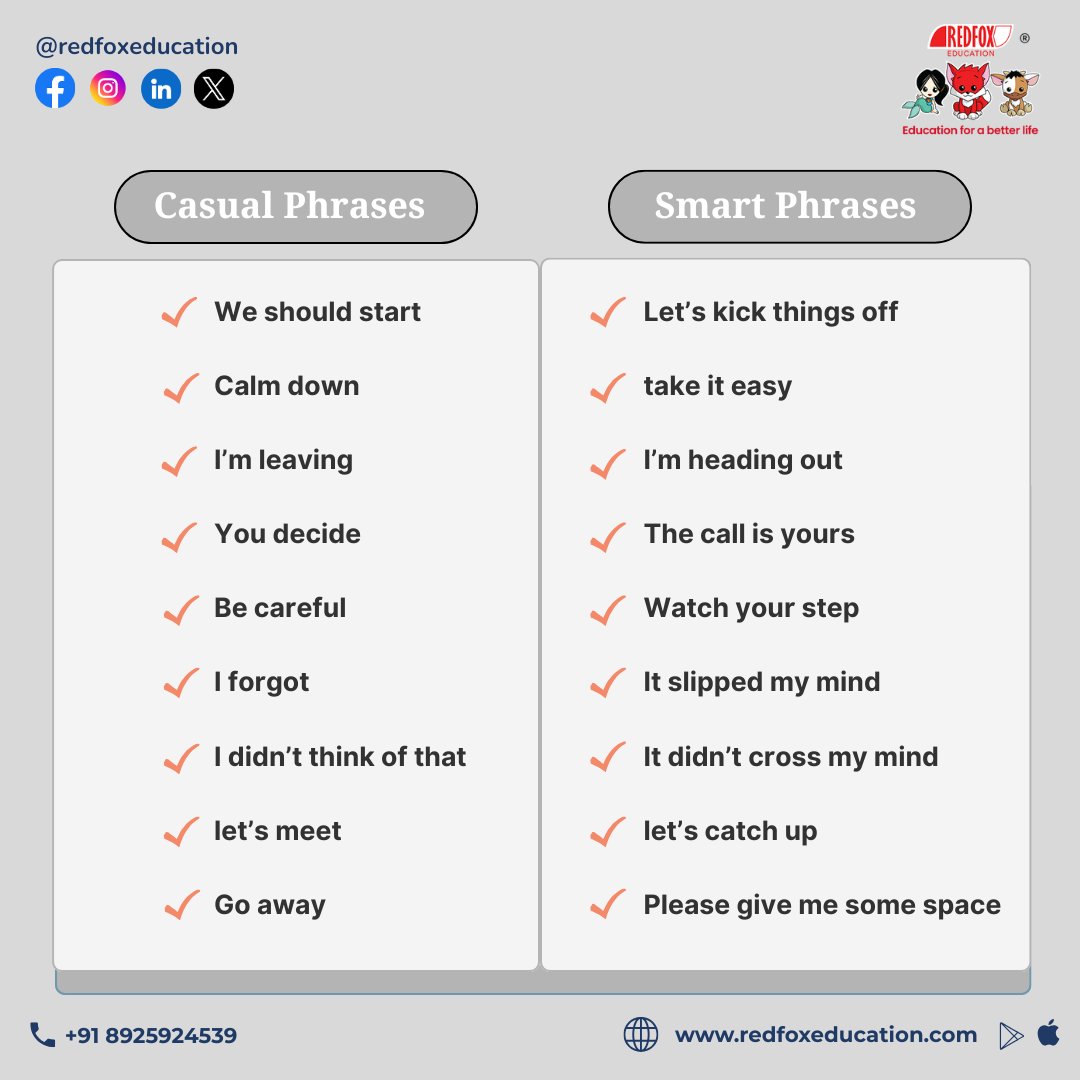 RedFox_EdTech's tweet image. ✨ Upgrade Your Everyday English!
Swap casual phrases with smarter, more confident alternatives.

Download Our Mobile App:
Google Play: bit.ly/31lO56z
App Store: apple.co/39UxPwl

#EnglishLearning #SmartPhrases #ImproveYourEnglish #EnglishTips #SpokenEnglish