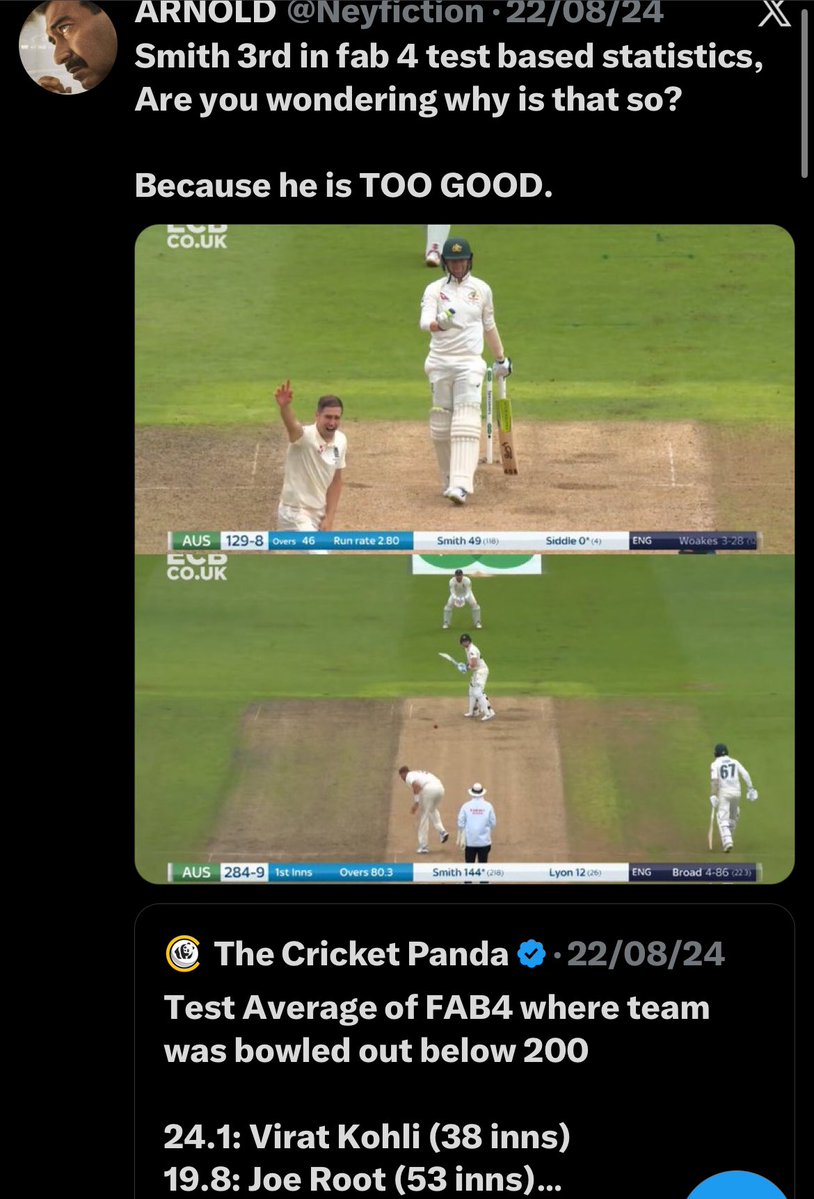 GetHelpAryan's tweet image. Same guy posted this when smith didn’t feature in most runs in bowled out &amp;lt;200 innings