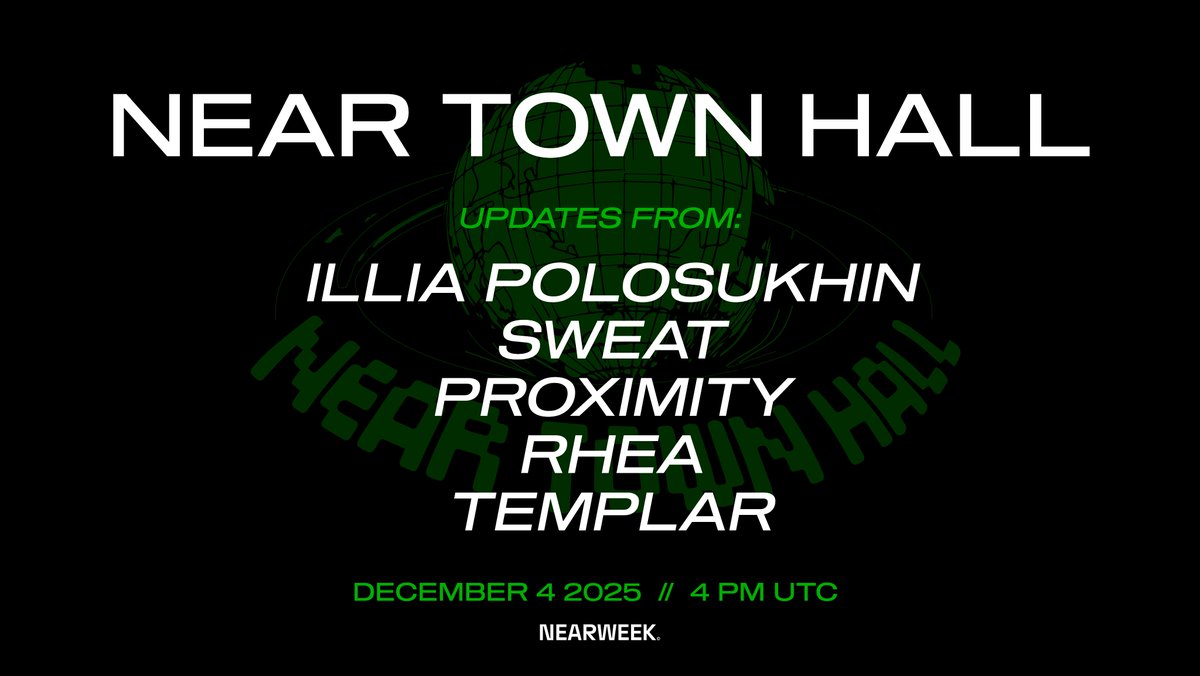 Live this Thursday: NEAR Town Hall December at 4pm UTC ✨

With updates from: <a href="/NEARProtocol/">NEAR Protocol</a>, <a href="/ilblackdragon/">Illia (root.near) (🇺🇦, ⋈)</a>, <a href="/TemplarProtocol/">Templar Protocol 🏛️</a>, <a href="/proximityfi/">Proximity Labs</a>, <a href="/rhea_finance/">Rhea Finance</a> &amp; <a href="/SweatEconomy/">SWEAT💧</a>.

hosted by <a href="/quadron3stat3/">PTR.NEAR</a>.

Join for the latest NEAR. Lock in! ↯