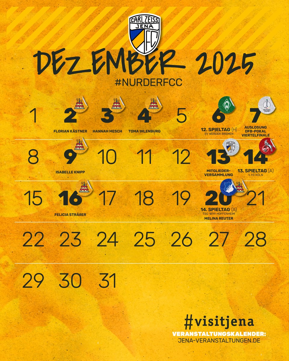 FCCFrauen's tweet image. 📆Unser Programm für den 𝐃𝐄𝐙𝐄𝐌𝐁𝐄𝐑:
06.12. - 12. Spieltag vs. SV Werder Bremen (H)
13.12. - Mitgliederversammlung
14.12. - 13. Spieltag vs. 1. FC Köln (A)
20.12. - 14. Spieltag vs. TSG 1899 Hoffenheim (A)

#FCC #MehrAlsFussball #fccfrauen #nichtohnemeinemädels