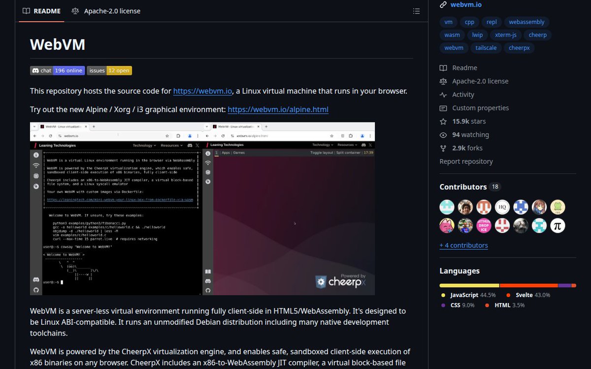 BehnamEbrahimi's tweet image. Run a full Linux VM right in your browser. No installs, no fuss—just code anywhere.

⭐ 15.9K • 🍴 2.9K • 📜 Apache-2.0 • JavaScript

github.com/leaningtech/we…