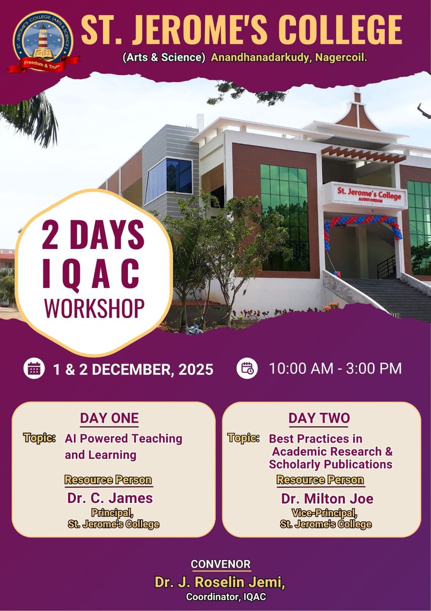 cjamesha's tweet image. Honoured to serve as a Resource Person in the two-day IQAC workshop at St. Jerome’s College on “AI Powered Teaching–Learning.”
AI is not here to replace teachers—it is here to empower us.

#AIinEducation #StJeromesCollege #TeachingInnovation #IQAC
