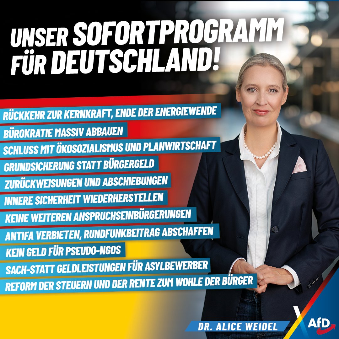Deutschland braucht dringend ein Sofortprogramm zur Reform von Staat, Wirtschaft und Gesellschaft. Der Deutschlandplan der Alternative für Deutschland bietet ein solches Programm in zwölf Punkten, um Deutschland wieder auf die Beine zu bekommen. Jetzt informieren:
