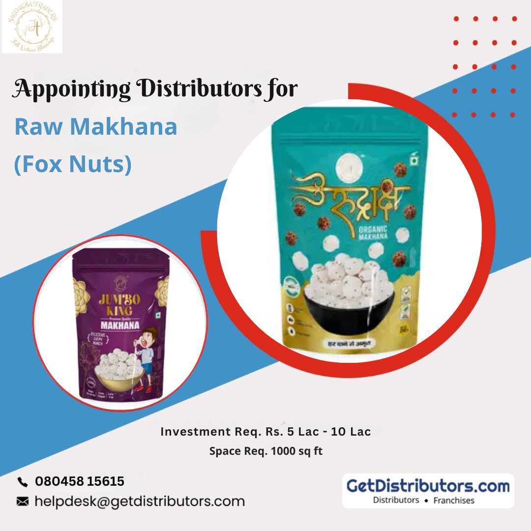 getdistributors's tweet image. Appointing #Distributors for Raw Makhana (Fox Nuts).
Details 👉 getdistributors.com/tiny/JWKkRT974X

★Investment : Rs. 5 Lac - 10 Lac
★Attractive and flexible margins
★Active brand-building support
✓Hurry to take #distributorship !

#MSJagdanbaTraders #Makhana #FoxNuts #Dealers