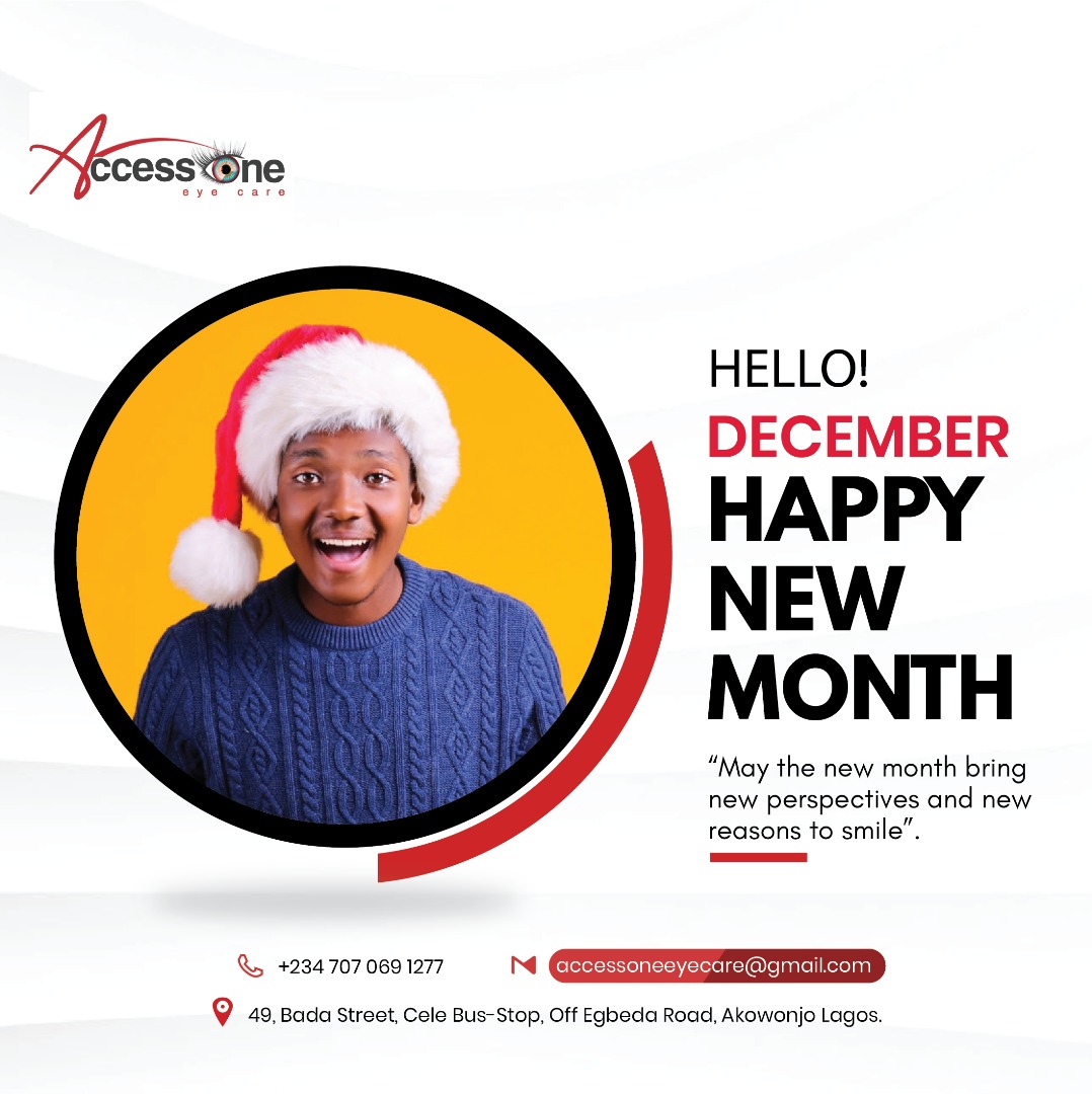 AccessOneEye's tweet photo. HELLO! DECEMBER is here! 🎄

Happy New Month from the team at AccessOne Eye Care! May this month bring new perspectives and new reasons to smile. 😊

Need a fresh perspective before the new year? Book your eye check-up now!
📞 +234 707 069 1277 
#December #HappyNewMonth #LagosEye https://t.co/HYMlPVgm05