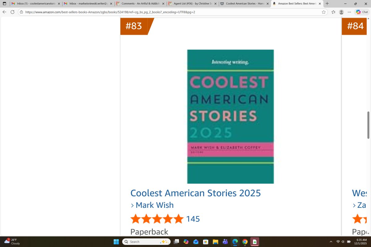 Going into #CyberMonday, COOLEST 2025 has surged to #83 in American Fiction Anthologies!

Thx, #booklovers, for putting it there!

To order this #affordable, #cool #gift (which has 89% 5-stars!) in #Kindle or #Paperback:

amzn.to/4958AFN Thx!

#books #BooksMakeGreatGifts