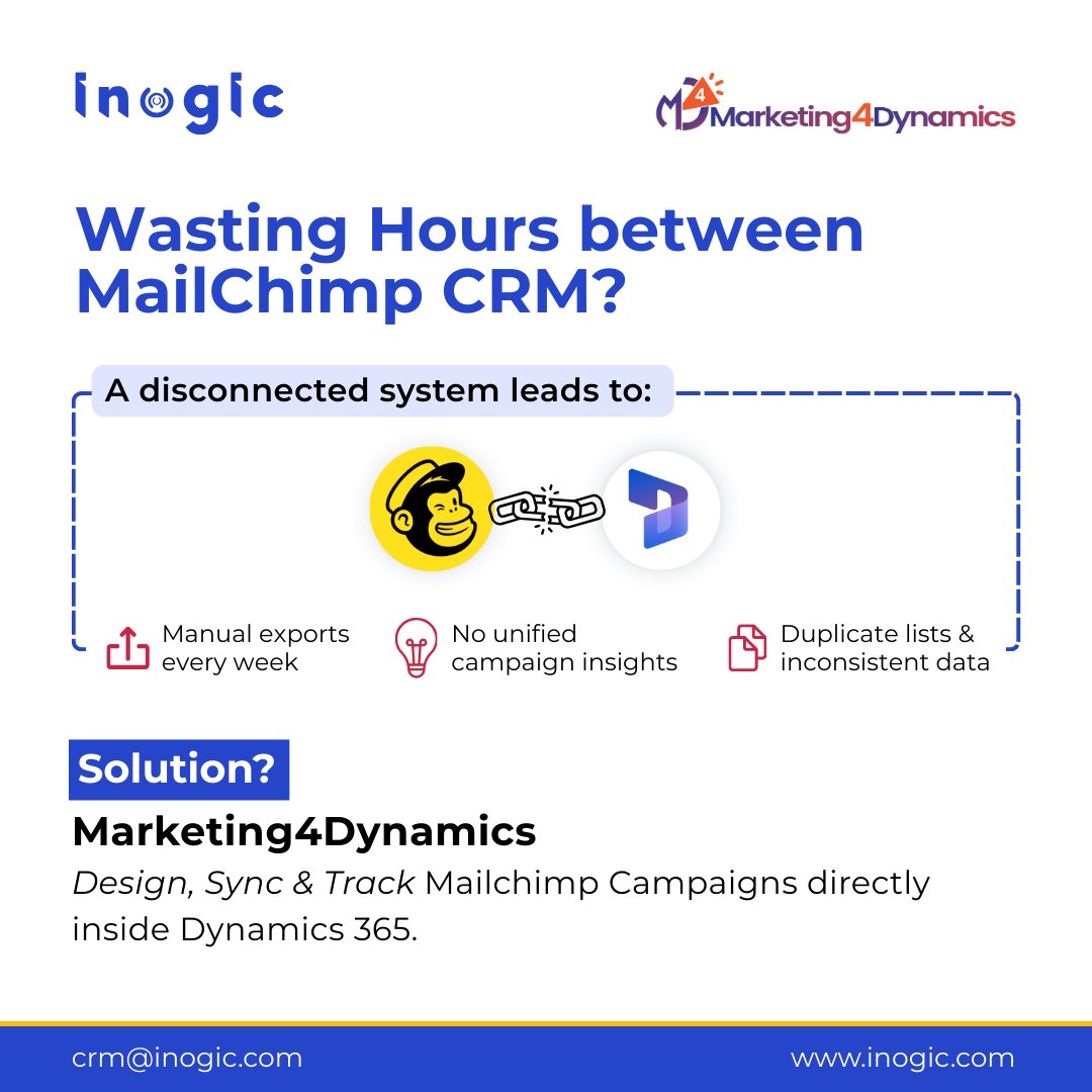 inogic's tweet image. Managing Mailchimp and Dynamics 365 separately is slowing teams down.

Marketing4Dynamics fixes the gap by syncing audiences, campaigns, and customer journey insights directly inside Dynamics 365.

#CRM #MSDynamics365 #Dynamics365 #Mailchimp #emailmarketing #microsoft