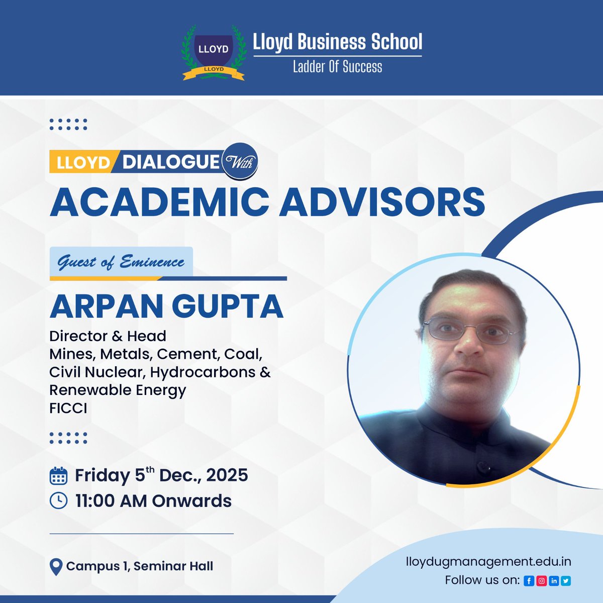 lloydlbspgdm's tweet image. 𝐋𝐋𝐎𝐘𝐃 𝐃𝐈𝐀𝐋𝐎𝐆𝐔𝐄 𝐢𝐬 𝐡𝐞𝐫𝐞! An insightful session with industry leader Arpan Gupta, FICCI—connecting academia with real-world perspectives. 📘✨
#LloydBusinessSchool #AcademicAdvisors #GuestLecture
