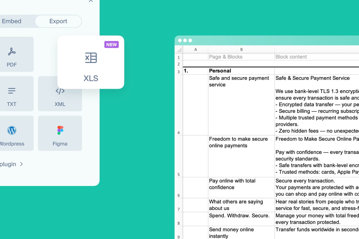 Export To Excel - one of the top-voted features in octo-board.nolt.io is out!
Sitemap &amp; content and SEO tags in separate neatly styled tabs - ready for sharing or printing.

See an interesting feature that's not yet in Octopus? Vote for it and see it delivered.