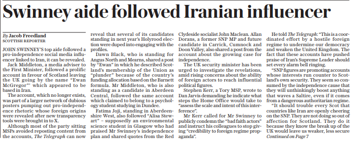 JacobAD82's tweet image. NEW

John Swinney's SpAd followed pro-indy influencer that appeared to be based in Iran 

Several other SNP candidates shared posts from similar accounts, one of which has been deactiviated

Dan Jarvis has been urged to investigate the revelations

Full story below