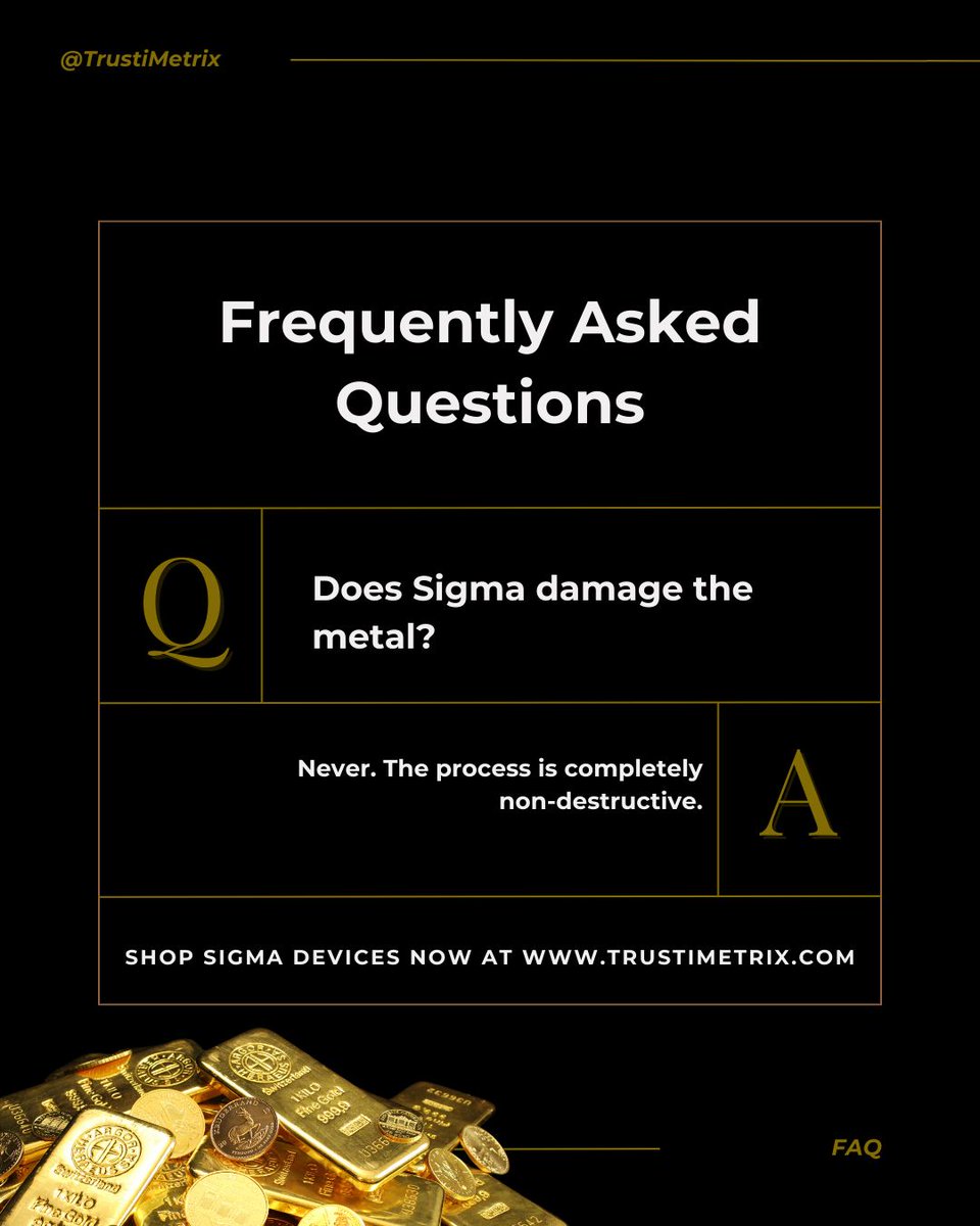 trustimetrix's tweet image. One of the most common questions we get 👇

Does Sigma damage the metal?

Never - the process is completely non-destructive. Fast, safe, and accurate every time.

#TrustiMetrix #SigmaMetalytics #SafeAccurateTrusted #GoldVerification #BullionTools #PreciousMetals