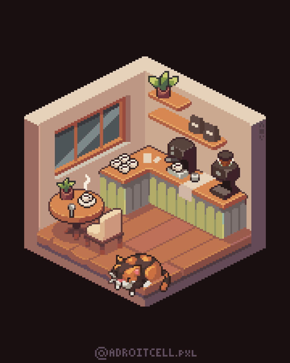 a quick one for today! made a tiny and cozy cafe (with a cat) ☕️✨ 

#pixelart #pixelartist #ドット絵