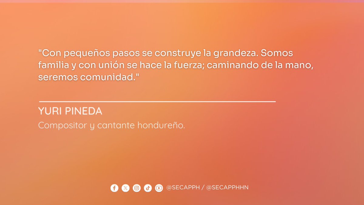 SECAPPH's tweet image. #SECAPPHHOY Con pequeños pasos se construye la grandeza.&quot;

​¡El mensaje que necesitamos hoy! La unión y el apoyo mutuo nos hacen más fuertes. Gracias a Yuri Pineda por esta dosis de inspiración. 🎤🇭🇳

#fraseDelDia #Secapph #YuriPinda