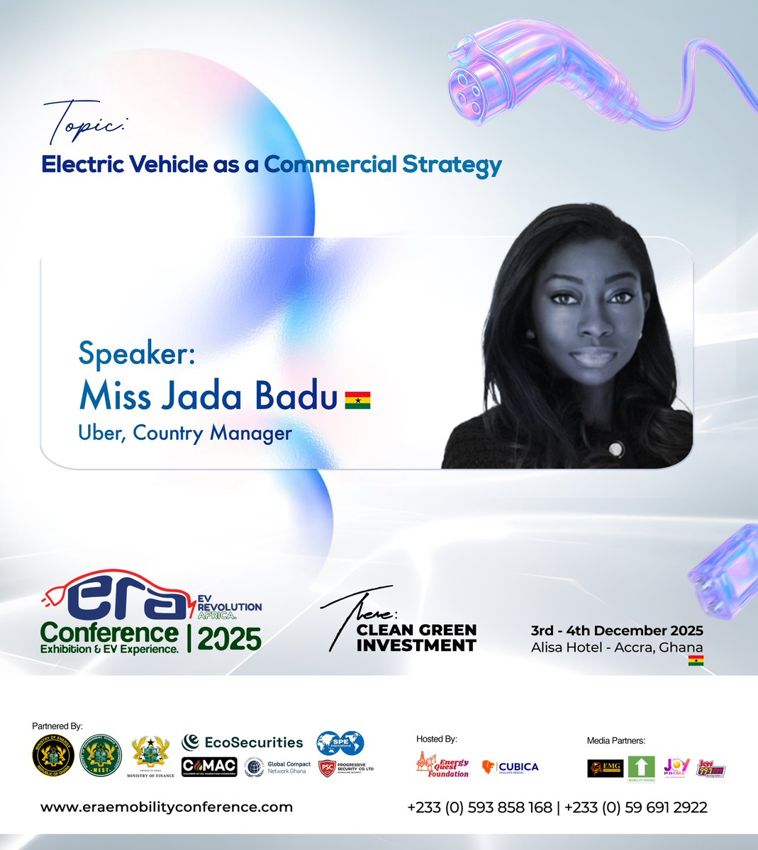 energyquestgh's tweet photo. We’re glad to have Jada Badu CEO, @Uber  join us as a speaker at the ERA E-Vehicle Revolution Conference 2025.
Looking forward to a powerful conversation.
Grab Your Tickets: https://t.co/4asYb6mxsI
#ERA2025 #EMOBILITY #ELECTRICVEHICLE #EV https://t.co/eZTUfGPfdb