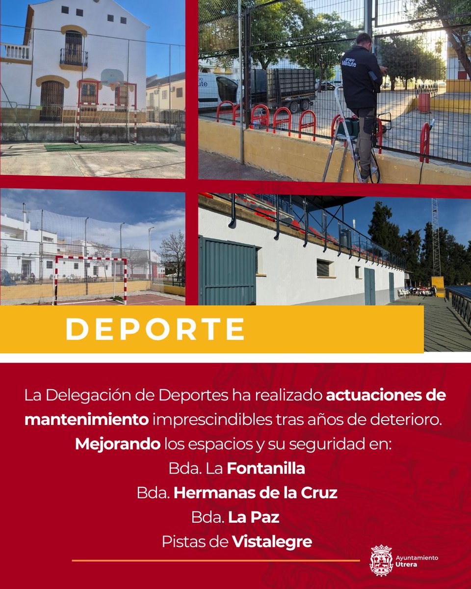 CiudadUtrera's tweet photo. La Delegación de Deportes ha realizado actuaciones de mantenimiento imprescindibles tras años de deterioro.
La Fontanilla
Hermanas de la Cruz
La Paz
Vistalegre
#UtreraEresTu
#DeporteUtrera
#MejorasUtrera https://t.co/kOezMVZ1tl