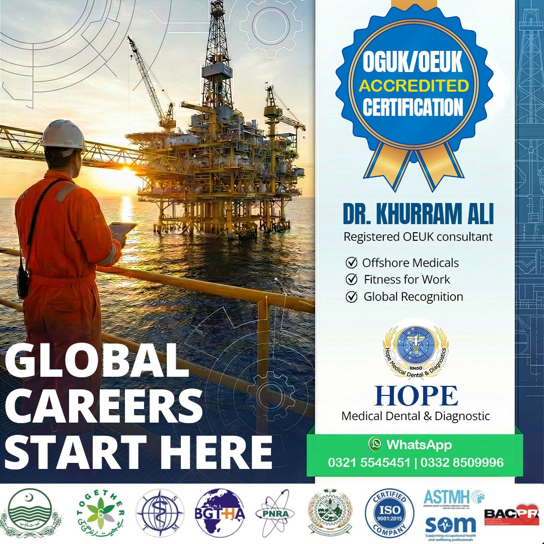 Hopemdd's tweet image. ⚠️ Update for Offshore Workers:

Dr. Khurram Ali provides globally recognized OEUK certification right here in Rawalpindi. Trusted and efficient.
📞 0321 5545451 | 0332 8509996
#offshoresoftwaredevelopment #EnergySector  #SafetyFirst #rawalpindi