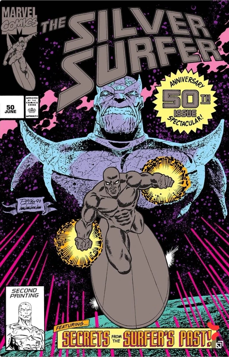 defdave's tweet image. #Surfer87 50
SS vs Thanos. We learn more of Norrin&apos;s past and of his father&apos;s shameful secret. The reveal leaves SS disoriented enough that as he approaches Earth at the end of the issue, he falls off his board and crashes into Dr. Strange&apos;s house (and Infinity Gauntlet #1!) 🔥