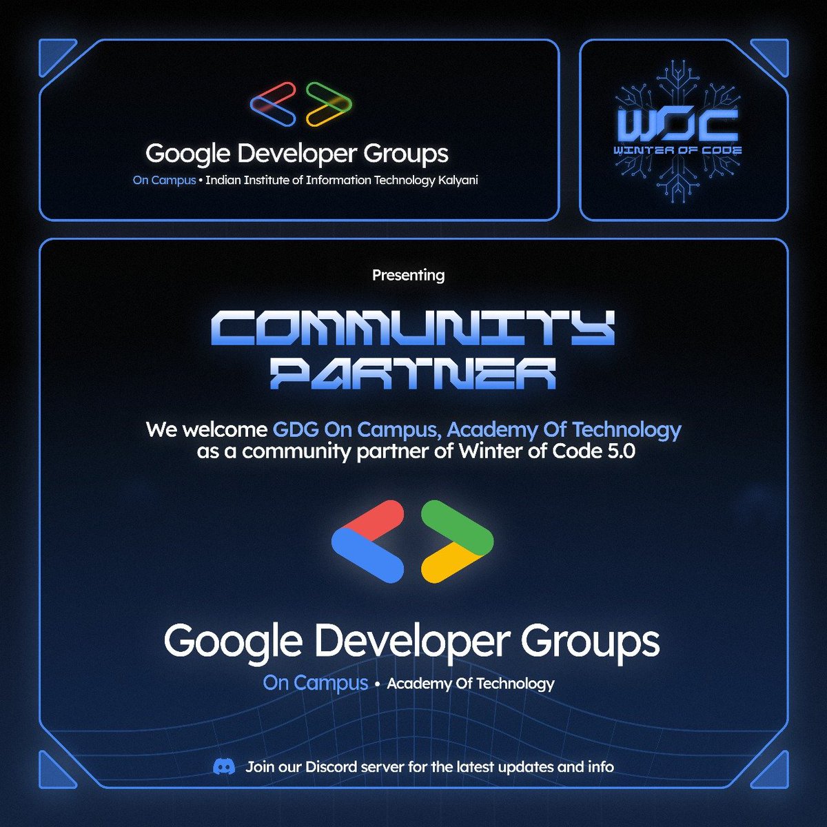 gdsciiitkalyani's tweet image. Thrilled to welcome GDG On Campus Academy Of Technology as a Community Partner for Winter of Code 5.0!
Excited for the collaboration ahead. ❄️🚀

Register now: winter-of-code-5.devfolio.co/overview

Partner with us: forms.gle/h7BHyFw4v6aFMy…

#WinterOfCode #GDGOnCampus #OpenSource