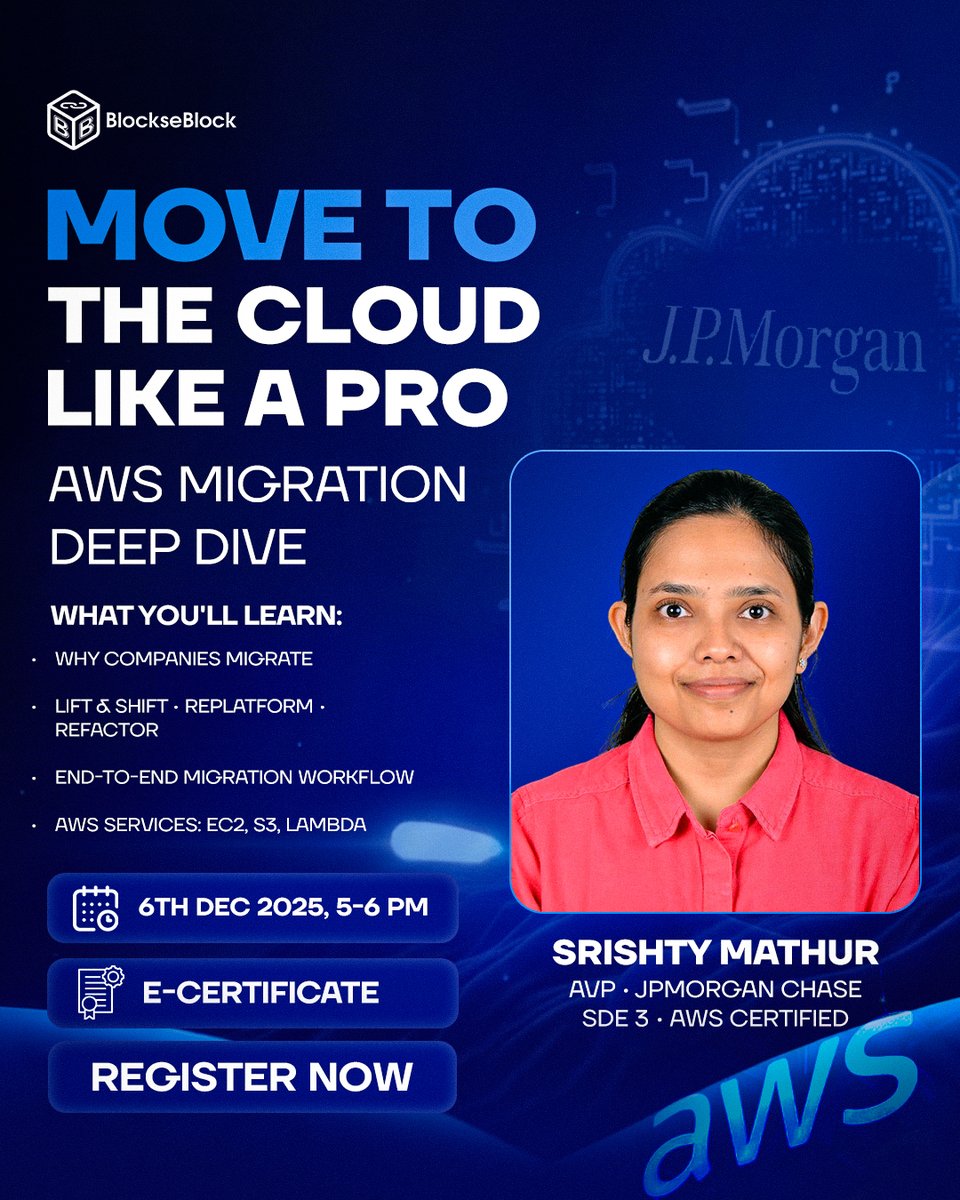 Blockhacks's tweet image. There are a million tutorials on AWS. But there are very few chances to look inside the brain of an SDE 3 &amp;amp; AVP handling enterprise-level architecture.

This isn’t just another webinar. It’s a masterclass in: 
1. Strategy: Why companies migrate (the business case). 
2. Execution:…