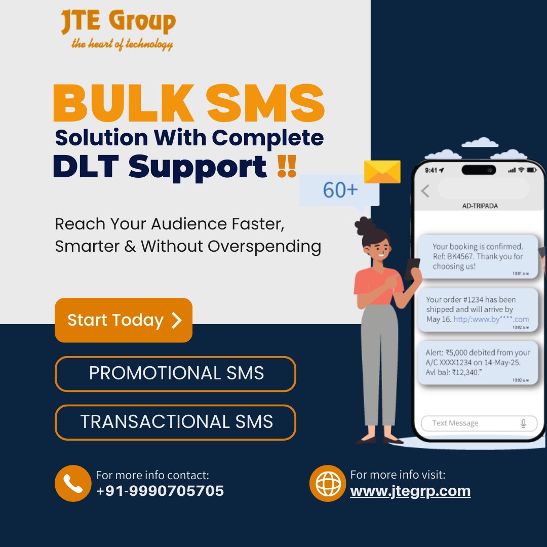 jtegroup's tweet photo. Grow Your Business with High-Impact Bulk SMS!
:
With JTE Group’s Bulk SMS Solution (with full DLT support), your message lands right where it matters… your customer’s phone! ✨
:
👉 Start Today!
📞 Contact: +91-9990705705
🌐 Visit: https://t.co/61FTqA3uQo
:
#BulkSMS #DLTSupport https://t.co/3xBcs10UZw