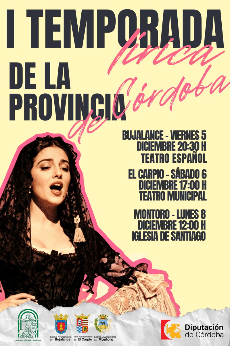 ✨ I Temporada Lírica de la Provincia de Córdoba.
#Bujalance se une a este proyecto que acerca la lírica a todos los rincones con un concierto dedicado a nuestras raíces y al patrimonio musical cordobés.
📍 Bujalance
🗓 5 dic — 20:30 h
📌 Teatro Español