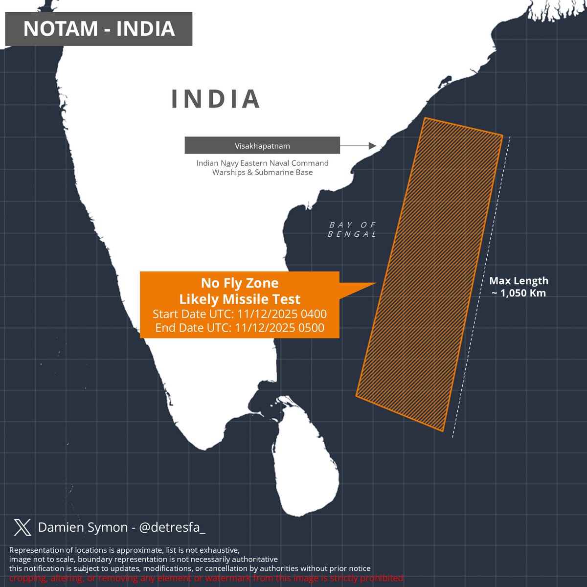 SKY_STIKERS's tweet photo. #Inidia has issued a NOTAM in the Bay of Bengal for 11 Dec 25 for the range of 1050Km.
Likely the test of a sea launched #Missile https://t.co/CgKsKlxZ5P