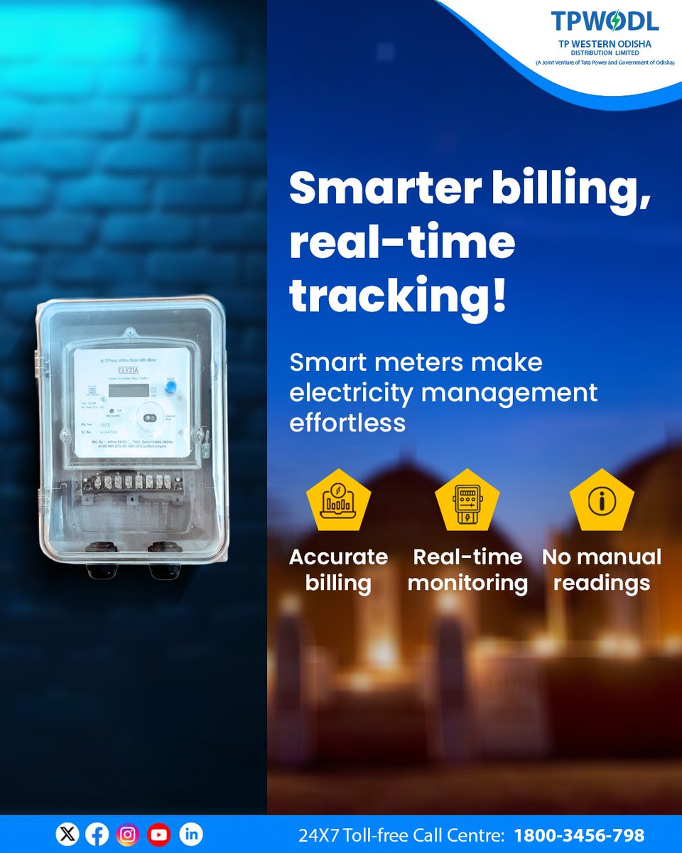 TPWesternOdisha's tweet image. Smart meters are improving the power experience with real-time monitoring, accurate billing, and complete transparency.
No more manual readings. No more surprises. Just smarter, faster, and more reliable service at your fingertips.

#SmartMeter #SmartChoice #ForYouWithYouAlways