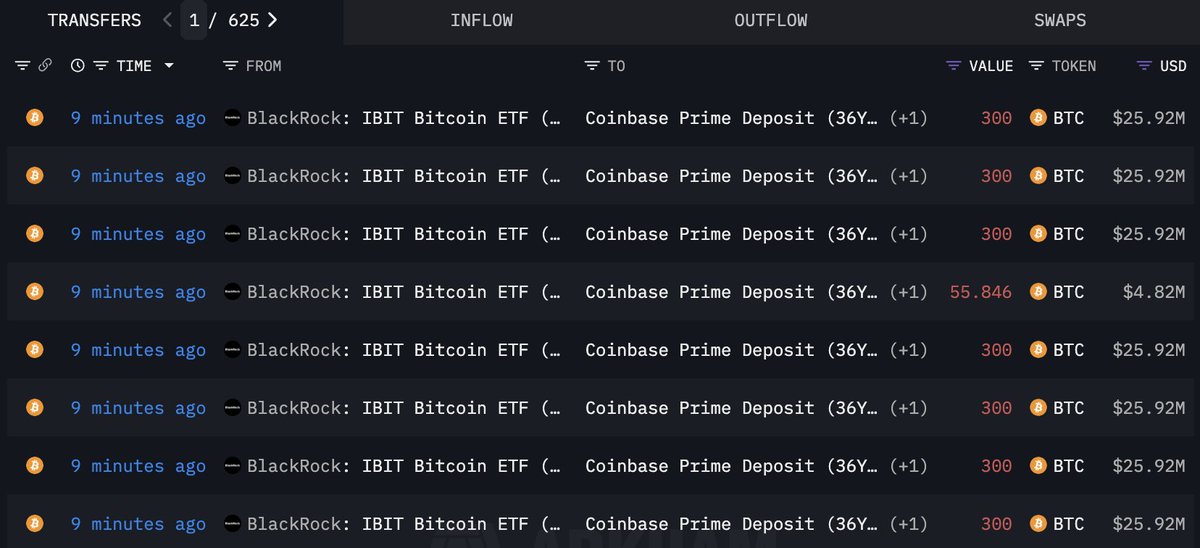 贝莱德向 Coinbase Prime 转移 BTC 的截图
