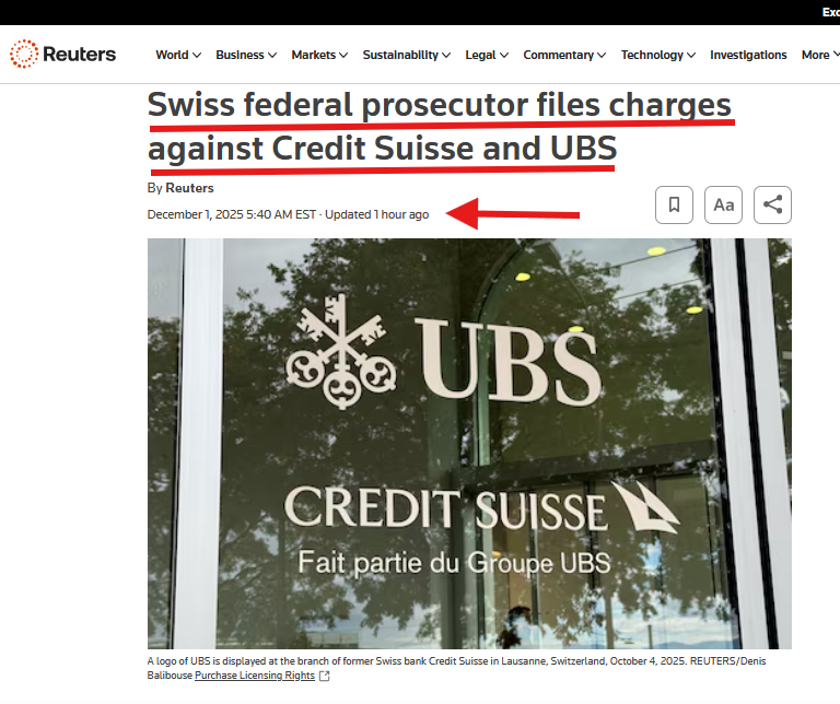 TheDebriefing17's tweet image. 🤔#Hmmm an old scandal is back in court, now hitting the merged CS-UBS giant – exactly as Swiss private-bank credibility is already under pressure. @TFL1728 
reuters.com/business/finan…