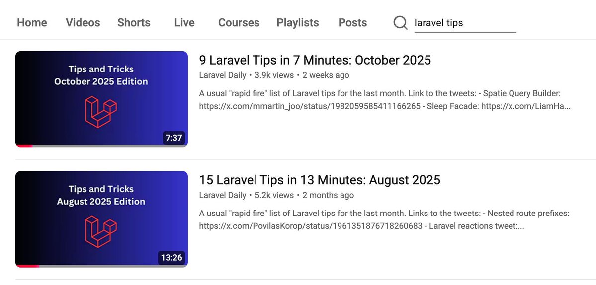 毎月の YouTube シリーズ「Twitter からの Laravel のヒント」の投稿を停止することにしました。

理由:
 1. これらの動画は視聴回数が少ない
2. Twitterで新しいヒントを投稿する人が減る

代わりに、私がヒ