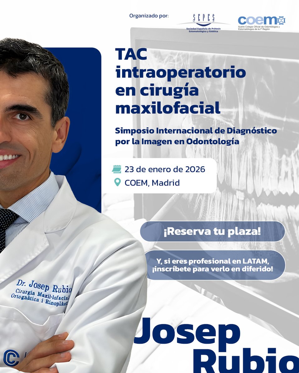 El 23 de enero, descubre cómo el TAC intraoperatorio permite una cirugía maxilofacial más segura, precisa y predecible, de la mano del Dr. Josep Rubio (<a href="/rubiopalau/">JOSEP RUBIO</a>), experto cirujano maxilofacial.​

📍 COEM, Madrid​
🏥 Curso organizado por SEPES y <a href="/dentistasCOEM/">COEM</a>.