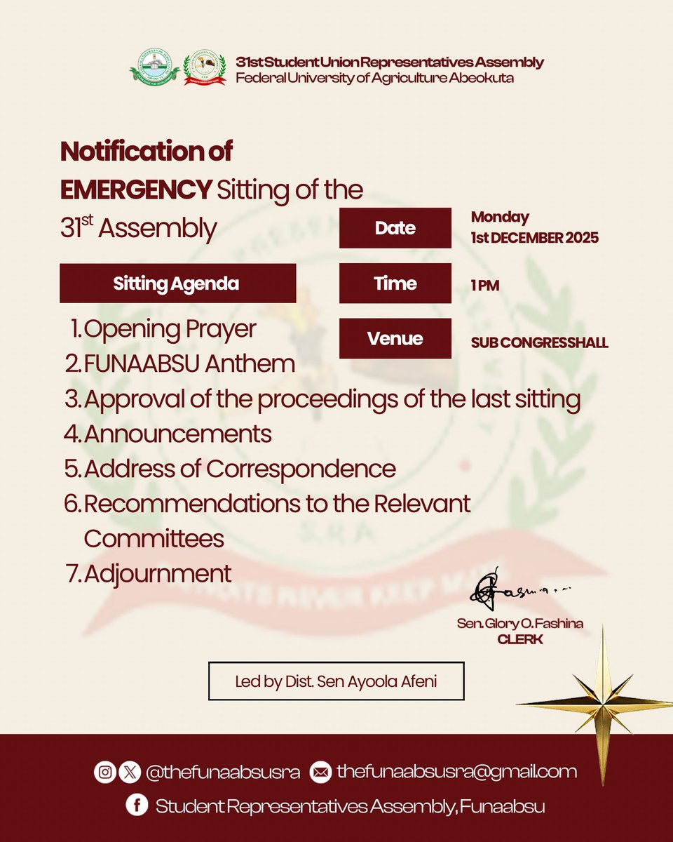 TheFunaabsuSRA's tweet photo. Agenda of Today’s sitting. https://t.co/e8BBkhNDFV