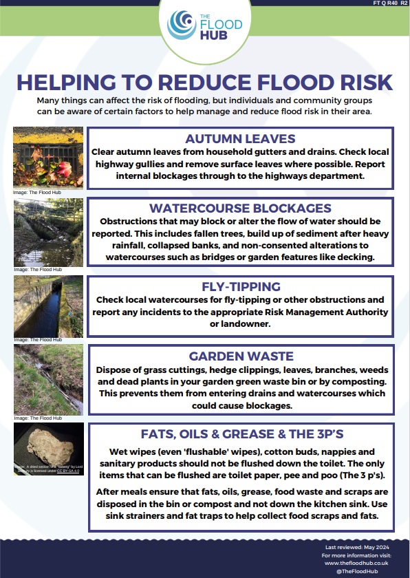 Everybody has a role💧 This resource we’ve created @thefloodhub shows a range of steps your community can carry out to help localised flood risk.
🍃 Managing Garden Waste 
 💧 Reporting Watercourse Blockages 
 🚯 Reporting Fly Tipping
Find out more 👉 thefloodhub.co.uk/wp-content/upl…