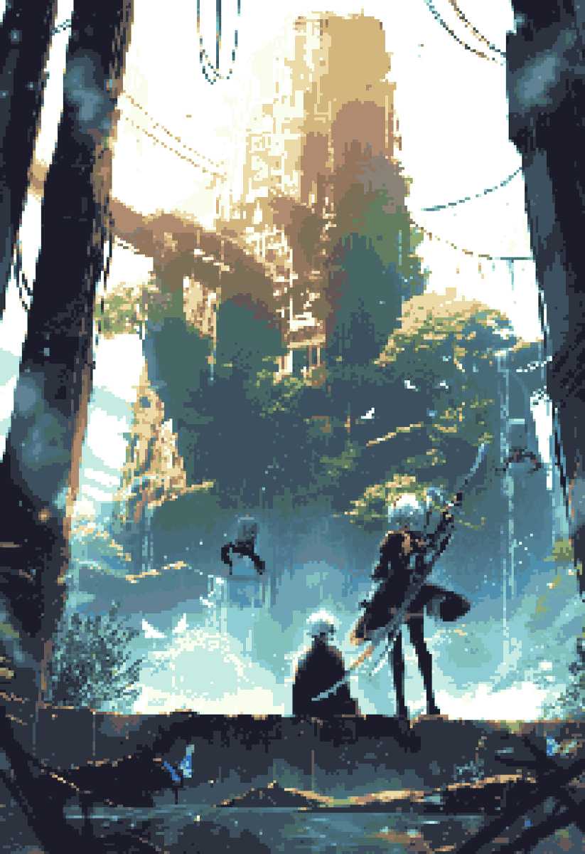 amatukirei's tweet image. #NieRAutomata #9s2b
自分で描いた絵をドット絵にしてみました
オートマタの二人が世界をめぐっている雰囲気が出ていて綺麗、とてもいい感じ…。