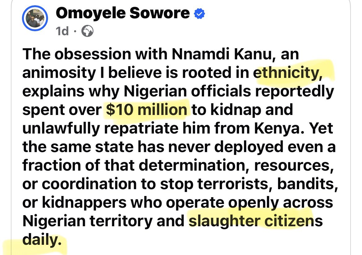 AloyEjimakor's tweet image. “The obsession with Nnamdi Kanu, an animosity I believe is rooted in ethnicity, explains why Nigerian officials reportedly spent over $10 million to kidnap and unlawfully repatriate him from Kenya” - Omoyele Sowore (30th November 2025).