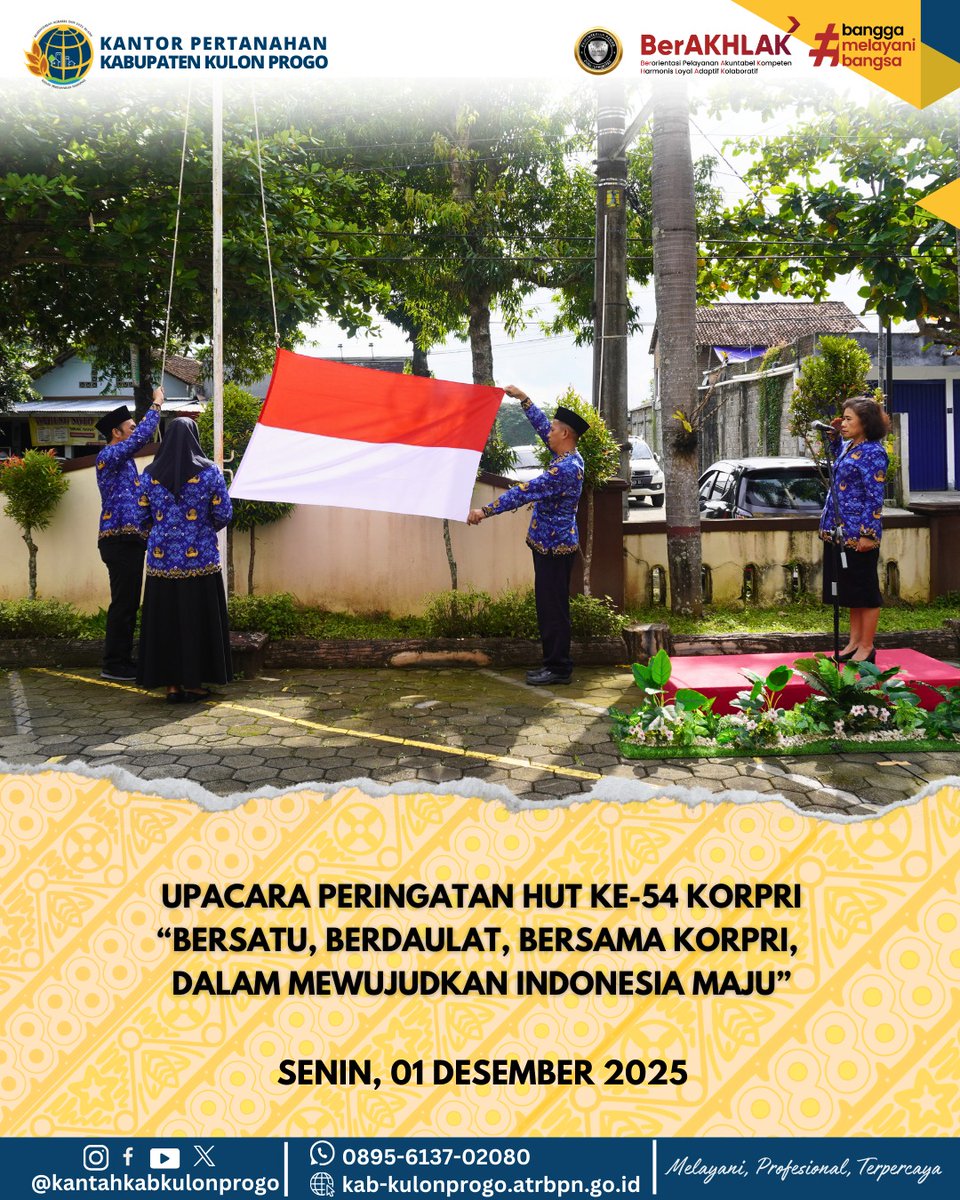 atr_bpnkprogo's tweet image. Hai #sobatATRBPN Kulon Progo
Kantor Pertanahan Kabupaten Kulon Progo melaksanakan Upacara Memperingati Hari KORPRI ke-54 Tahun pada Senin, 01 Desember 2025 bertempat di halaman kantor Pertanahan Kabupaten Kulon Progo. 

#KantahKulonProgo
#KementerianATRBPN
#ATRBPNKiniLebihBaik