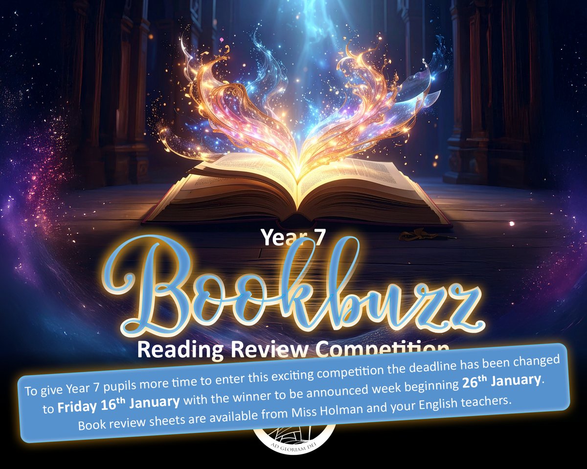 📚✨ Great news for our YR7 pupils - the deadline for entering the Bookbuzz Competition has been extended to Friday 16th January! 🎉

This gives you extra time to finish your book and complete your review. The winner will be announced during the week beginning 26th January. 👀🏆