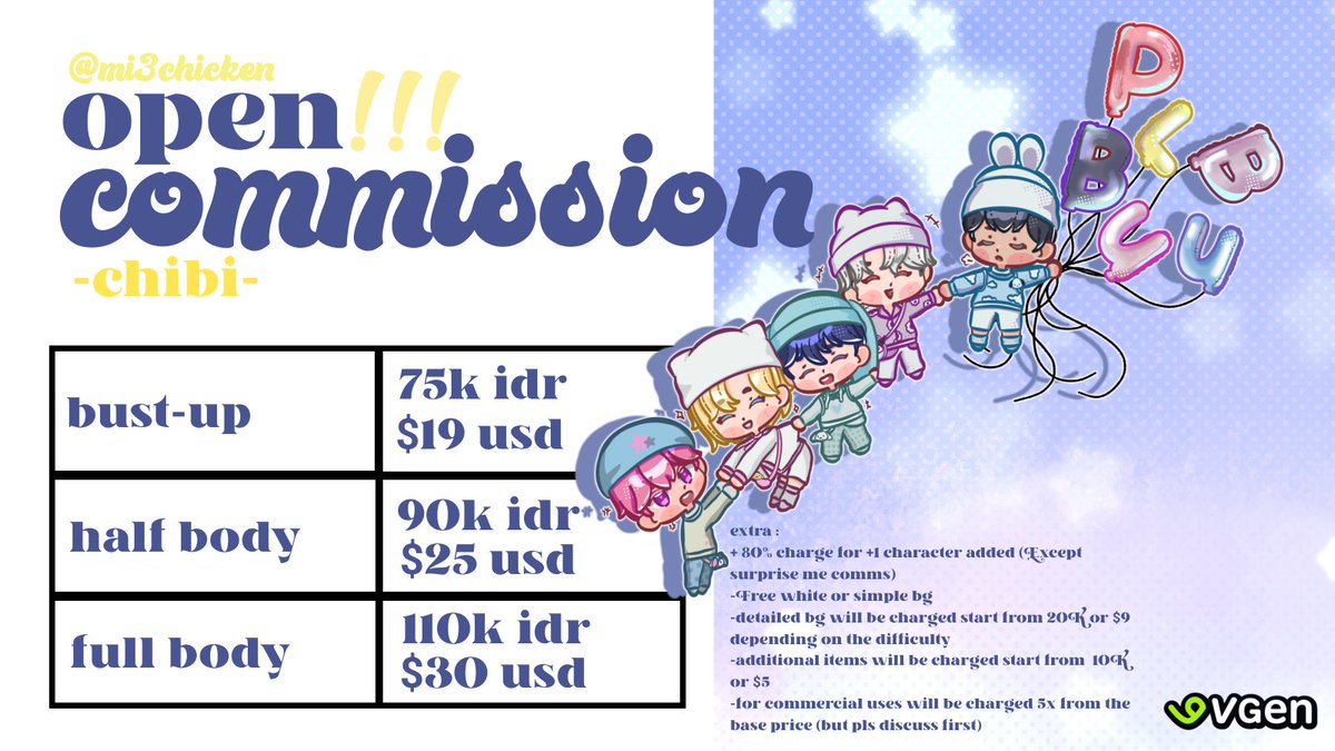 MI3CHICKEN's tweet image. 🌄 OPEN COMMISSION 🌌
[ ♡ + ↻ are very appreciated!] 

Hlo minnasan, my chibi, skeb and eyes banner commission are open again, you can dm me here or on Vgen if you&apos;re interested &amp;lt;3

Vgen : vgen.co/MI3CHICKEN

#commissionsopen #opencommissions #artidn #zonauang #zonajajan