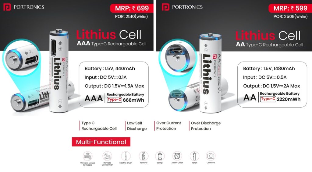 TechKard's tweet image. #Portronics launches Lithius Cell, AA/AAA USB-C rechargeable batteries

1.5V output
LED charging indicator
multi-protection features
Charge via any Type-C cable

Lithius Cell AAA (Pair): Rs. 499: amzn.to/4rJQ2Ea

Lithius Cell AA (Pair): Rs. 449: amzn.to/4orGCdw