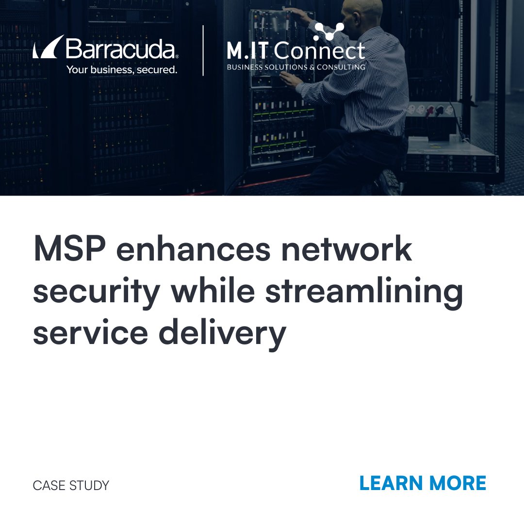 BarracudaMSP's tweet image. Security credibility matters. Barracuda helps MSPs like M.IT Connect deliver trusted, transparent services that customers rely on. Discover how  Connect transformed its MSP services. barracuda.com/partners/succe…

#BarracudaONEplatform #NetSec
