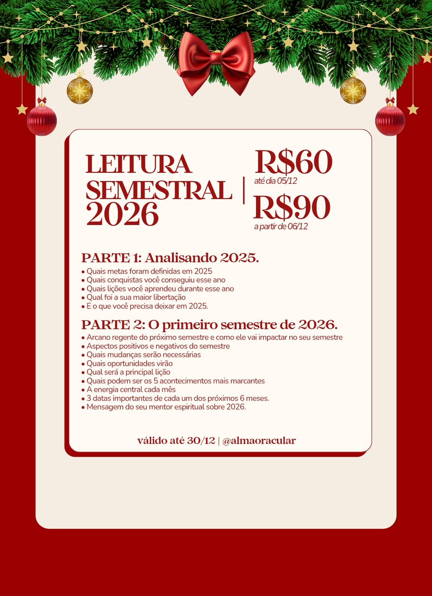 otarotdaisa's tweet photo. BEM VINDO DEZEMBRO! 🔔❤️
e com ele um super catálogo especial de natal, com métodos criados para tirar todas as suas dúvidas nesse fim de ano, e sabe o melhor? tudo no precinho que cabe no seu bolso! 

válido até 31/12. 🎁
agendamentos via dm ou telegram. 🎄 https://t.co/IDM2GWQNkK