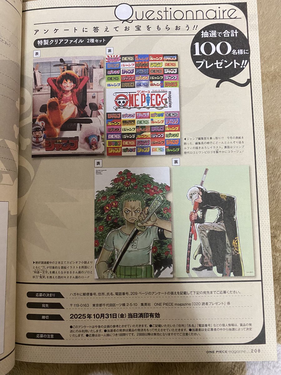 ワンピースマガジン20の特製クリアファイル前回の19に続き、当選しま